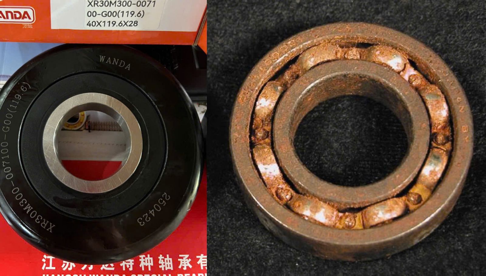 So sánh vòng bi xử lý Black Oxide và vòng bi bị gỉ sét, giúp người dùng dễ dàng nhận biết sự khác biệt về bề mặt và khả năng chống ăn mòn.